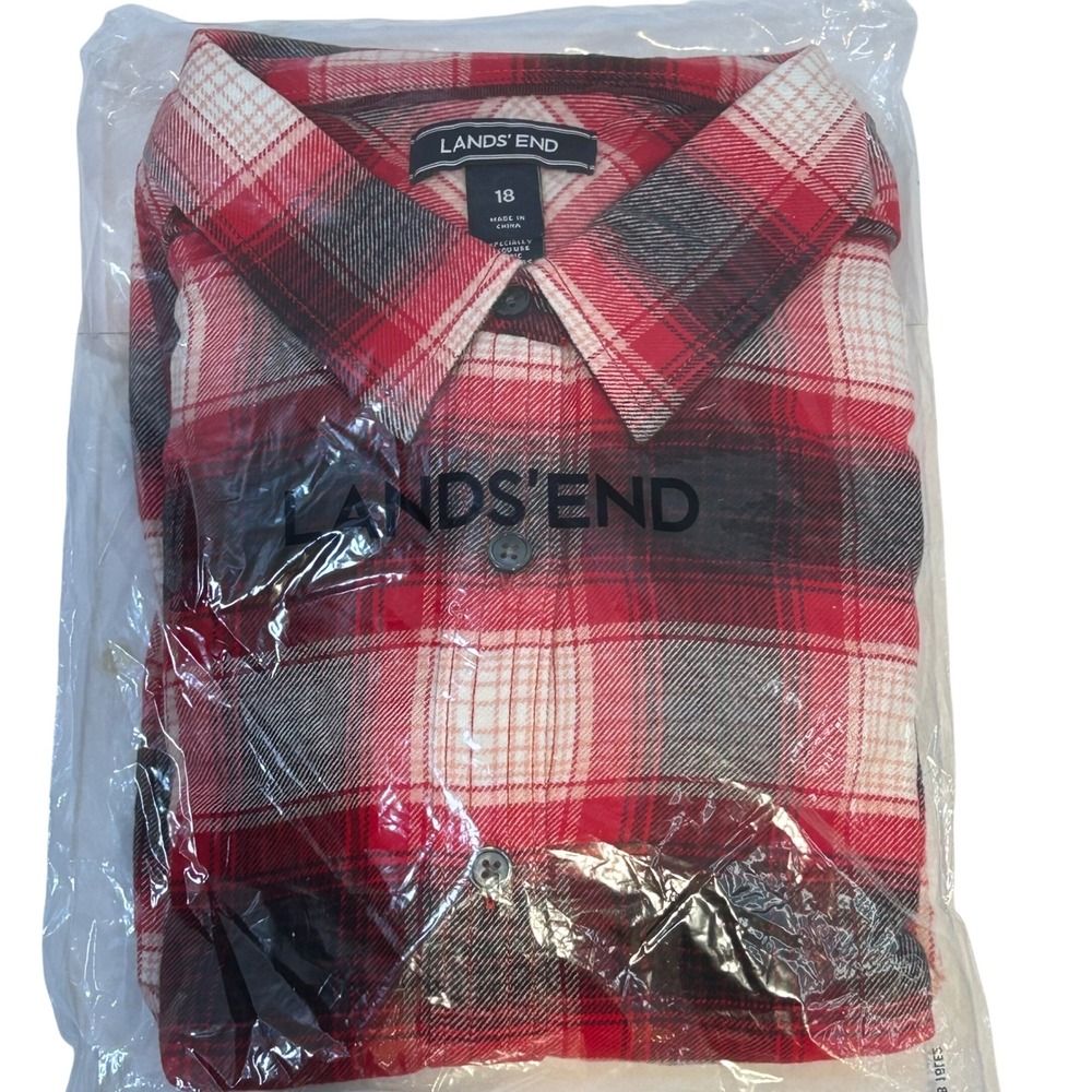 Lands End Womens Red Black Plaid Cotton Flannel Button Down Shirt Size 18